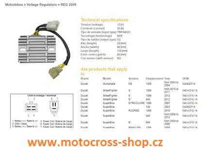 DZE REGULATOR NAPIĘCIA DUCATI DS 1000 MULTISTRADA '03-'04, DUCATI 749/848/999/1098/1099/1198 (OEM-540.4.019.1A) (SH579EA) (ESR538)